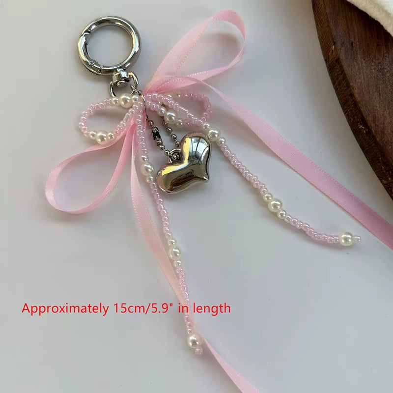 Imitation Pearl Bow Key Ring Ribbon Beaded Keychain Korean Style Hanging Accessories Y2K Heart Bag Pendant Decor Accessories