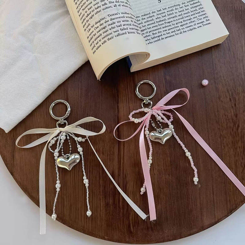 Imitation Pearl Bow Key Ring Ribbon Beaded Keychain Korean Style Hanging Accessories Y2K Heart Bag Pendant Decor Accessories