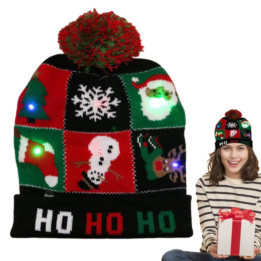 Christmas LED Christmas Beanie Hat Winter Warm with Poms Outdoor Light up Hat Unisex Flashing Caps for Home Party