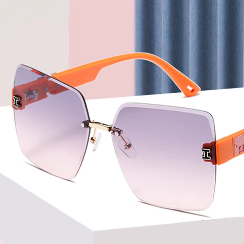 New Square Rimless Cut Edge Sunglasses Hong Kong Style Ladies round Face Slimming Big Frame Fashion Sunglasses