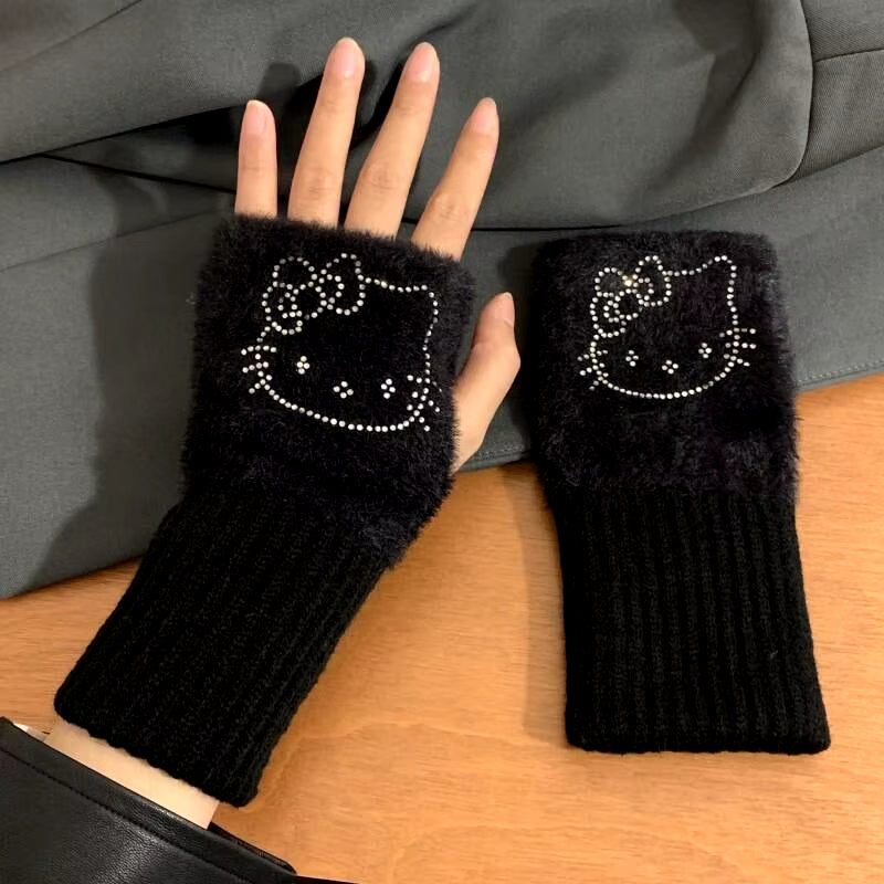 Hello Kitty Half Finger Gloves for Women Fashion Winter Warm Soft Knitting Gloves Casual Cartoon Fingerless Mitten Gifts