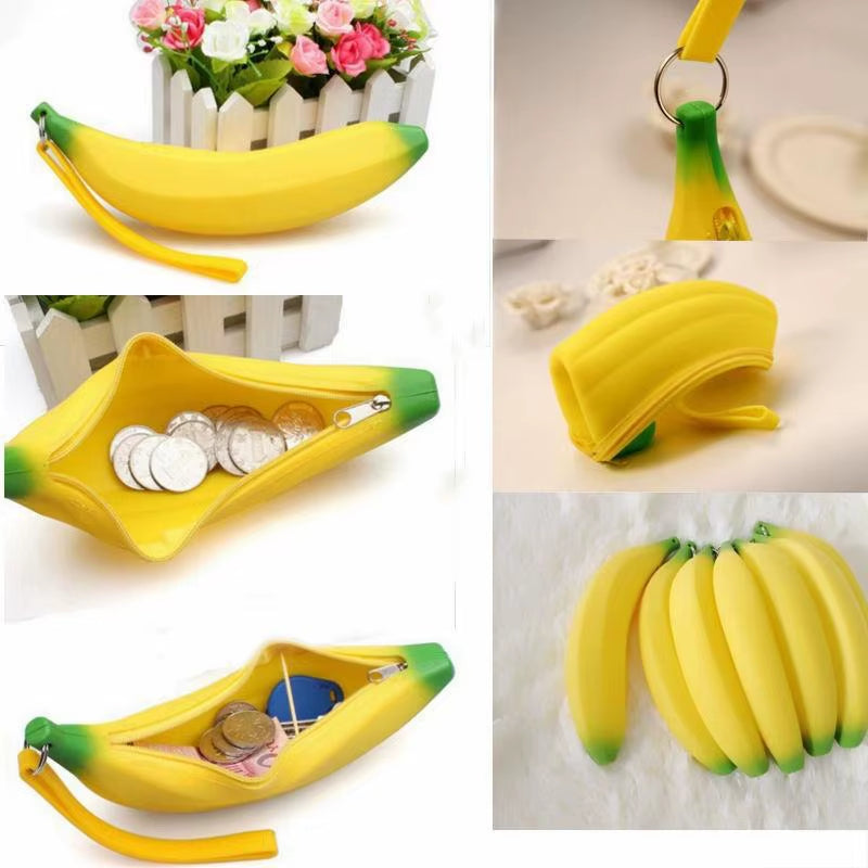 Novelty Funny Silicone Portable Yellow Banana Coin Purses Multifunction Pencil Case Purse Bag Wallet Key Bag Pouch