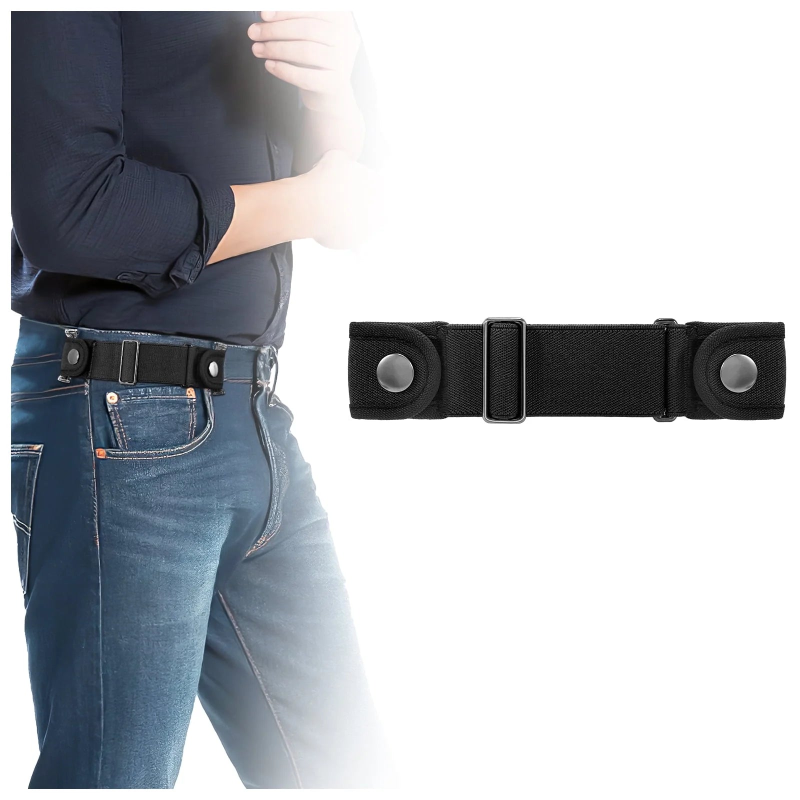 Elastic Belts for Men Women No Buckle Side Belt Stretch Adjustable Invisible Belt,Black