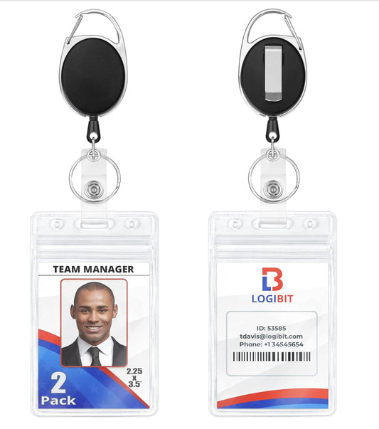 ID Badge Holder W/Retractable Reel Clip (Black, 2 Pack) Heavy Duty Name Card Ree