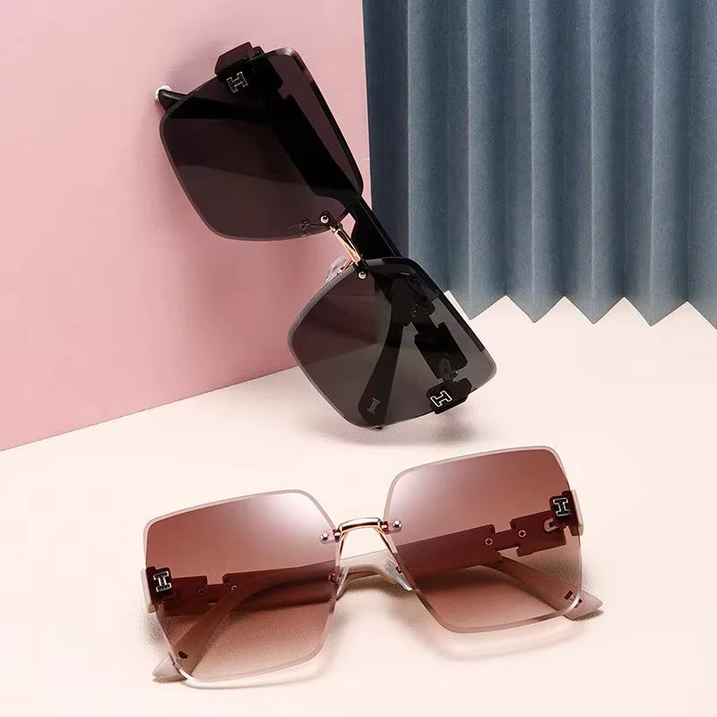 New Square Rimless Cut Edge Sunglasses Hong Kong Style Ladies round Face Slimming Big Frame Fashion Sunglasses