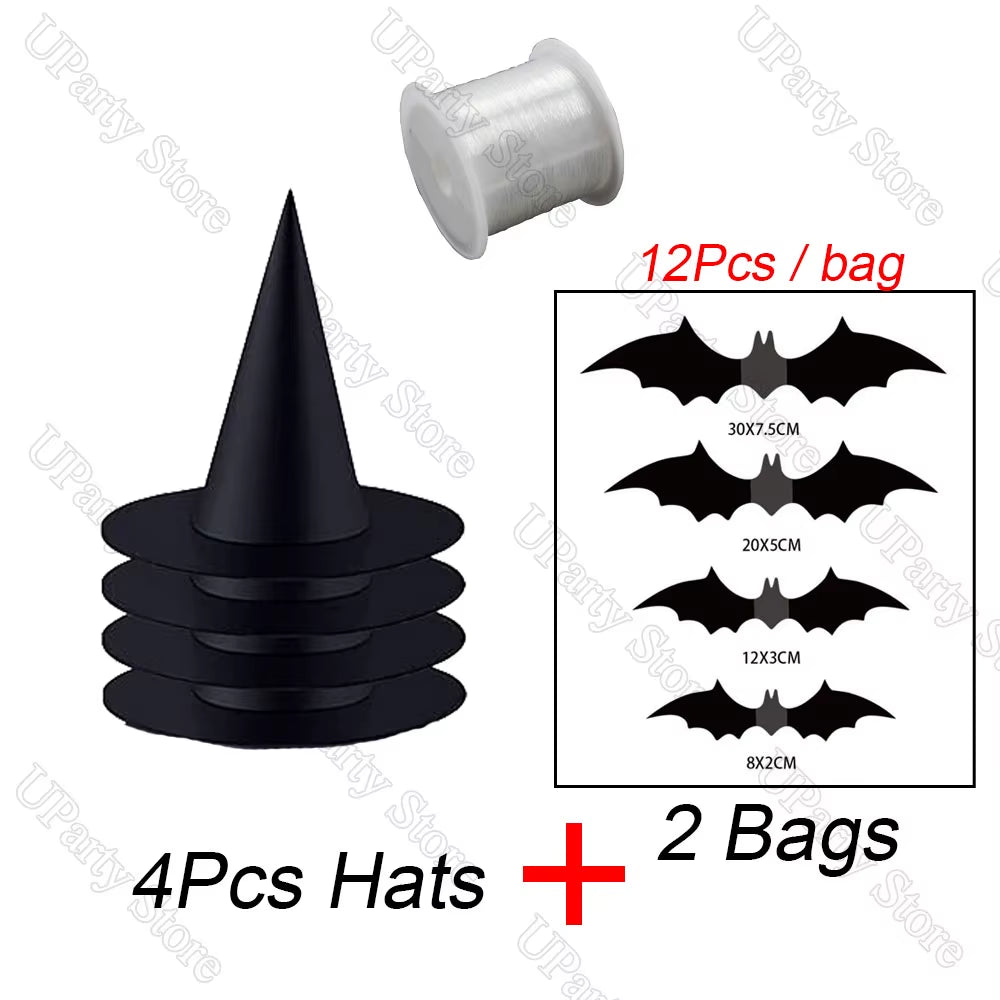 6/12Pcs Halloween Black Witches Hats with Rope Hanging Wizard Hats Bulk for Home Outdoor Porch Halloween Decoration Party Favor