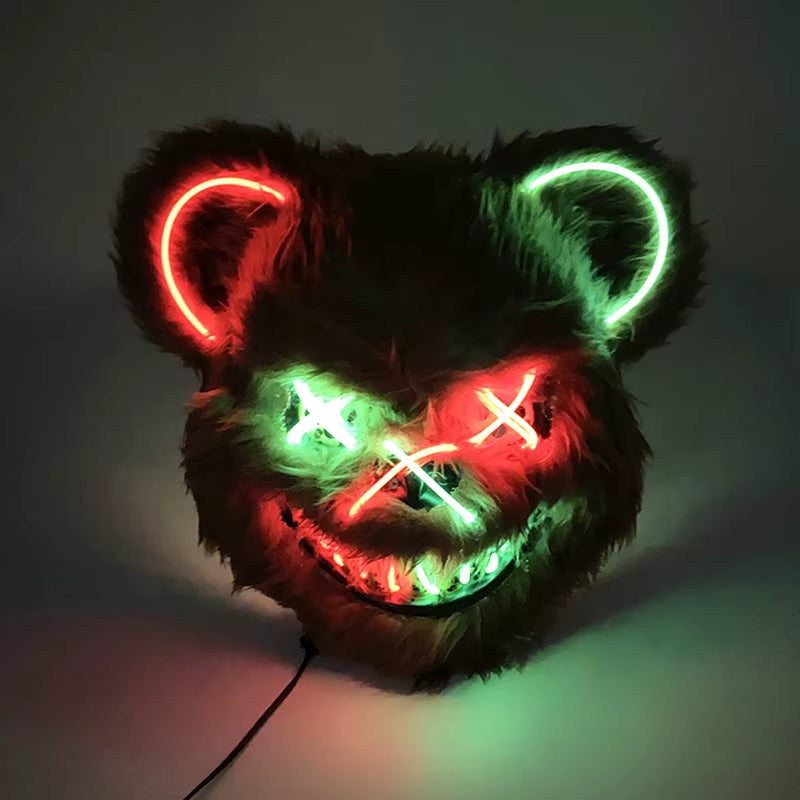 LED Bloody Bear Mask Halloween Masquerade Plush Brown Bear Mask Light up Killer Assassinated Black Bear Haunted House Mask