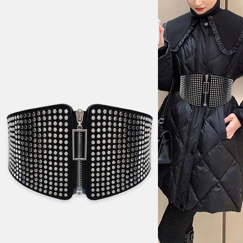 Punk Rivet Inlay Wide Elastic Corset Belt Female Waist Goth plus Size Stretch Cummerbunds Big Designer Belts for Women Waistband