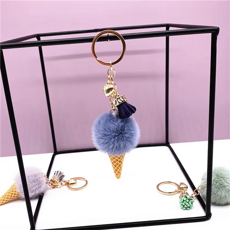 Ice Cream Pendant Rign Keychain Cute Cartoon Keychain Plush Bags Hang Cone Car Key Chain Ring Areata Creative Gift K3164