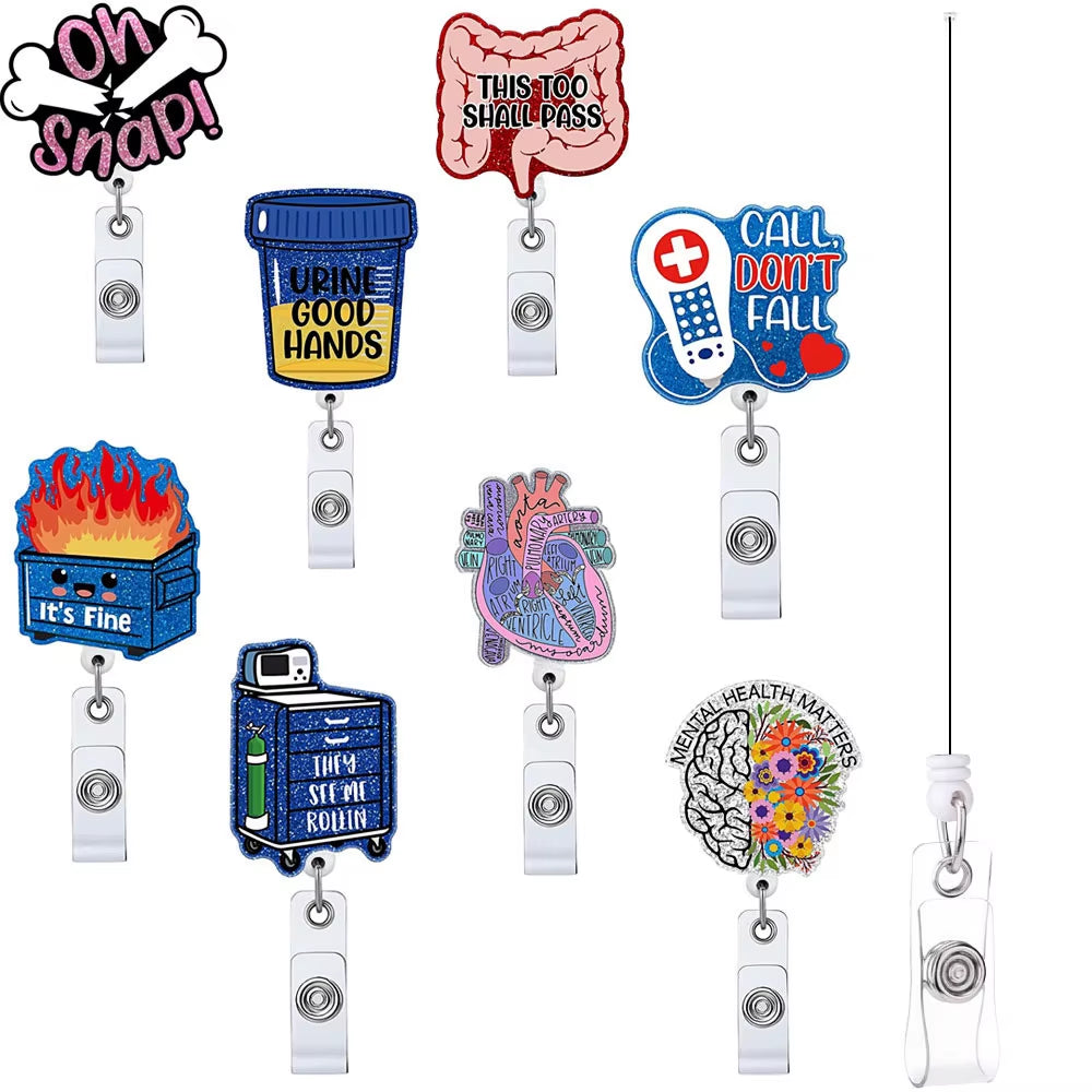 1 Piece Glitter Acrylic Retractable Nurse Badge Reel Anime Cat Bottle Brain Doctor ID Card Holder Lanyard Clip