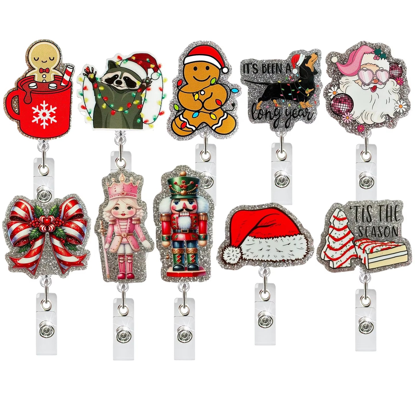 Cute Acrylic Badge Holder Cartoon Glitter Gingerbread Man Santa Claus Id Holder Christmas Gift Student Name Clip Badge Reel