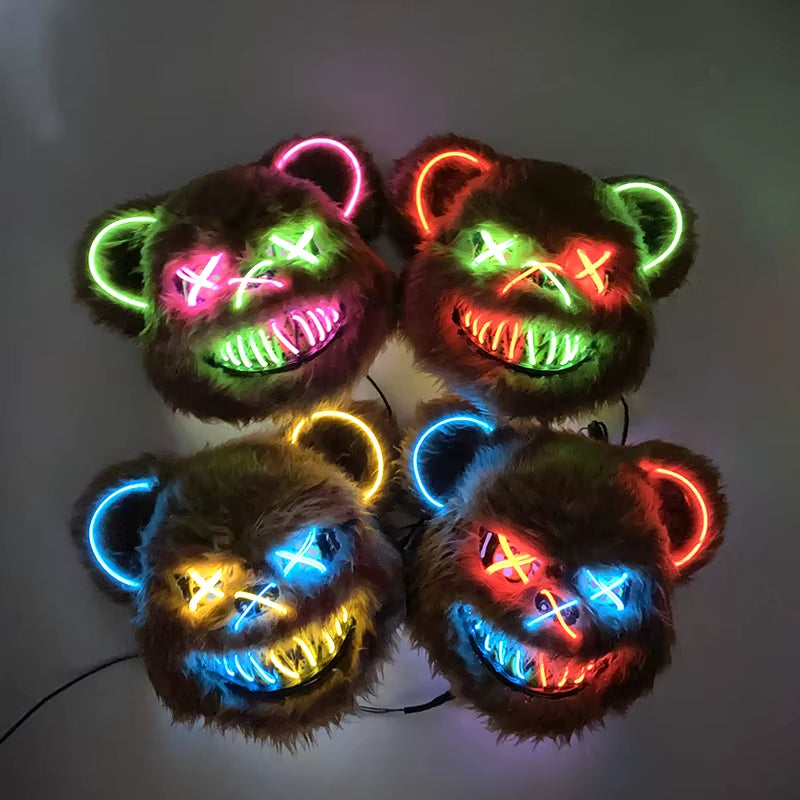 LED Bloody Bear Mask Halloween Masquerade Plush Brown Bear Mask Light up Killer Assassinated Black Bear Haunted House Mask