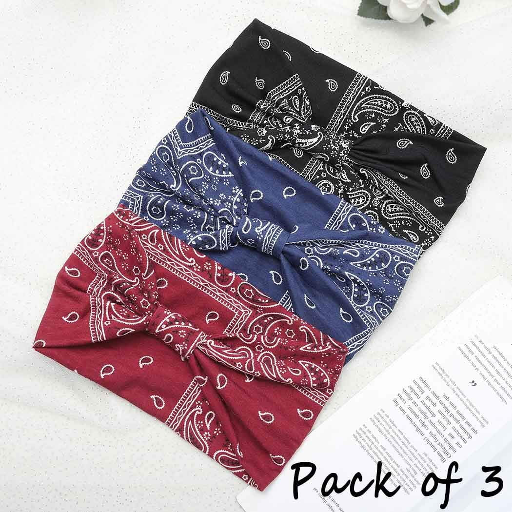 Boho Bandeau Headbands Wide Knot Hair Scarf Hair Band Elastic Turban Thick Head Wrap Stretch Fabric Head Bands Thick Fashion Hair Accessories for Women 3 Pcs (Elegant)