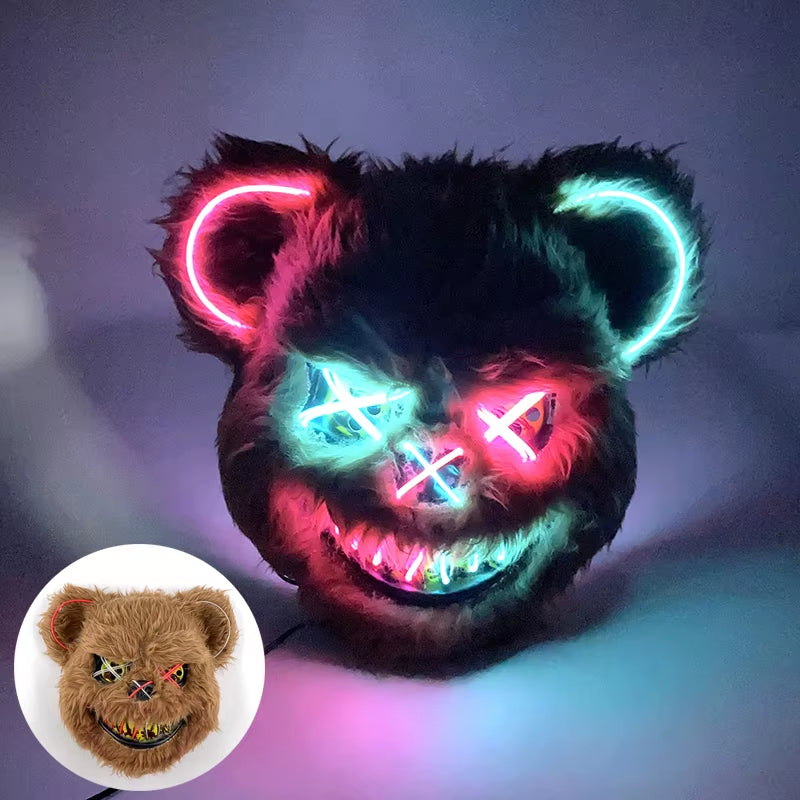 LED Bloody Bear Mask Halloween Masquerade Plush Brown Bear Mask Light up Killer Assassinated Black Bear Haunted House Mask