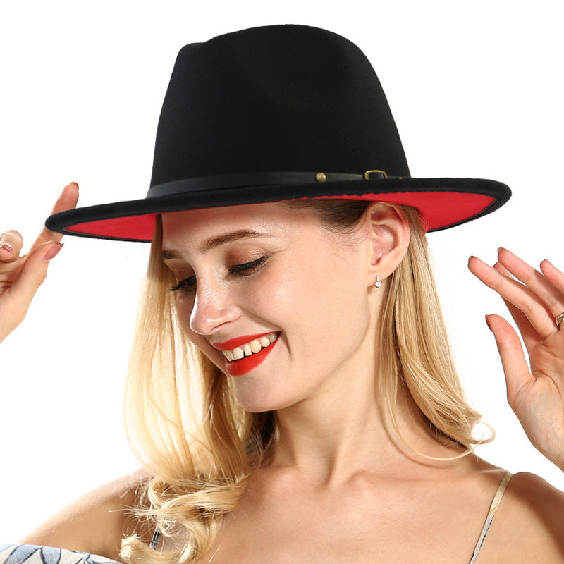 European and American Popular Woolen Top Color Matching Flat Brim Fedora Jazz Hat