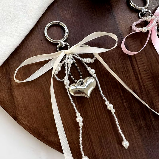 Imitation Pearl Bow Key Ring Ribbon Beaded Keychain Korean Style Hanging Accessories Y2K Heart Bag Pendant Decor Accessories