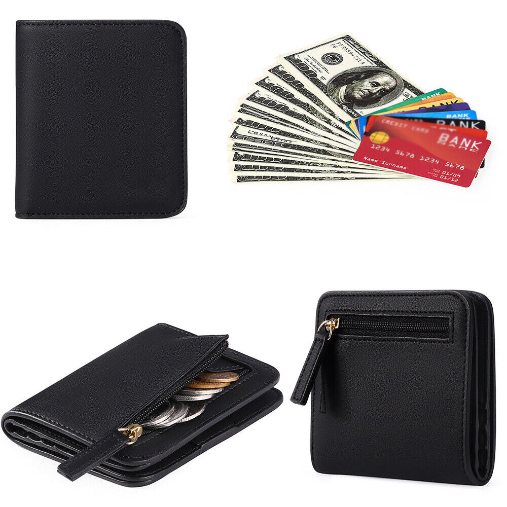 Womens Bifold Wallet Pocket Leather Slim Wallet Mini Purse Rfid Blocking Black N