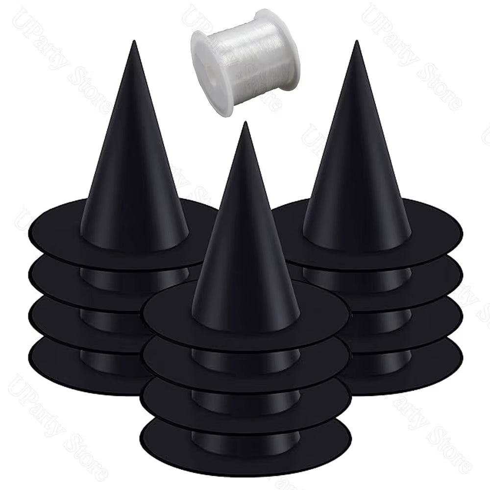 6/12Pcs Halloween Black Witches Hats with Rope Hanging Wizard Hats Bulk for Home Outdoor Porch Halloween Decoration Party Favor