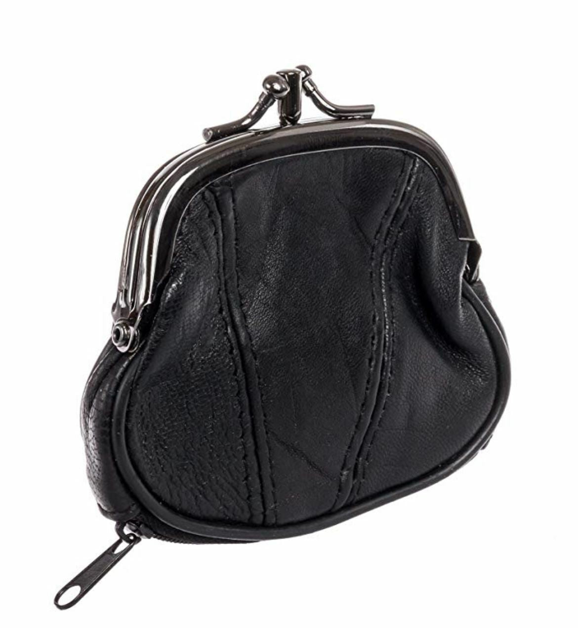 Black Genuine Leather Woman Coin Purse Double Frame Change Wallet