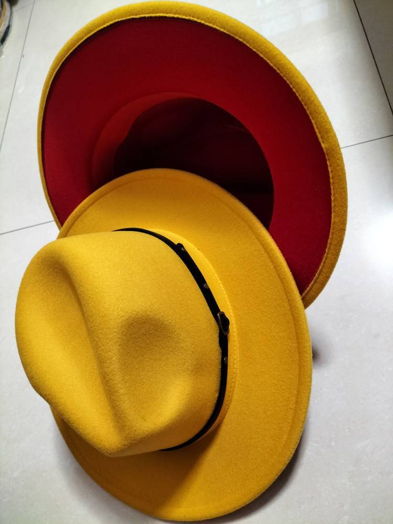 European and American Popular Woolen Top Color Matching Flat Brim Fedora Jazz Hat