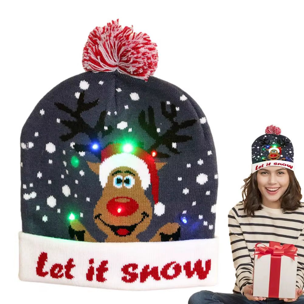 Christmas LED Christmas Beanie Hat Winter Warm with Poms Outdoor Light up Hat Unisex Flashing Caps for Home Party