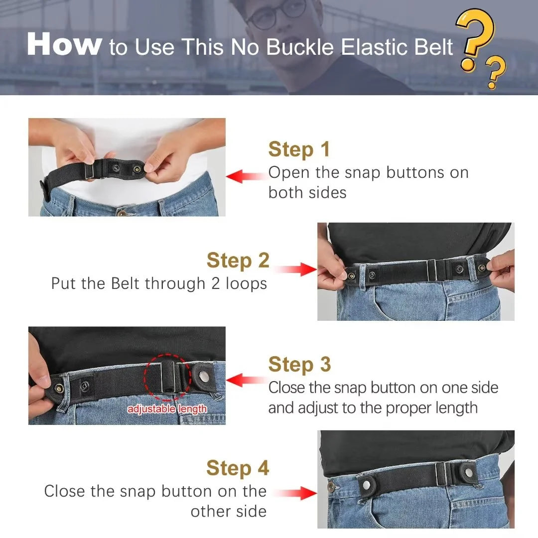 Elastic Belts for Men Women No Buckle Side Belt Stretch Adjustable Invisible Belt,Black